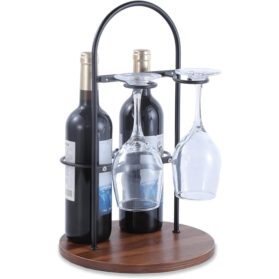 Wine Bottle and Glass Holder for Countertop | Small Wine Rack for 2 Bottles & 2 Glasses | Modern Tabletop Wine Storage with Round Wood Base | Freestanding Wine Stand & Caddy for Home Bar