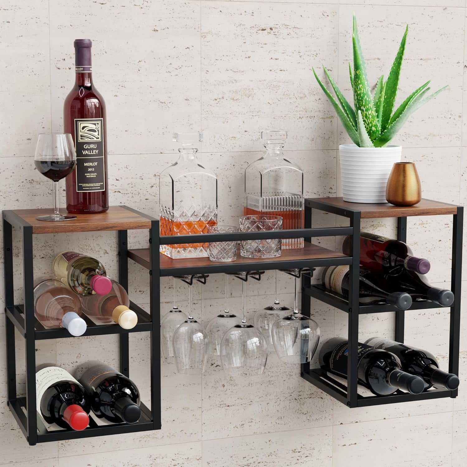 Wine Bottle and Glass Holder - Wine Rack Wall Mounted - Table Top Wine