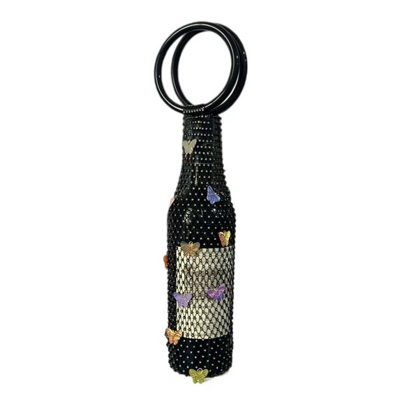 Wine Bottle Holder Display Bag with Round Handles, Handwoven Open-Work Design, Removable Butterflies, and Reflective Embellishments for Holiday Presentation