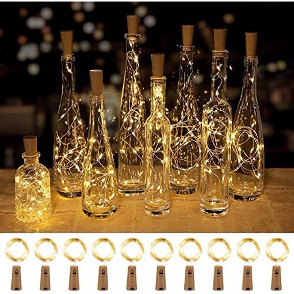Wine Bottle Lights with Cork, 10 Pack 20 LED Waterproof Battery Operated Cork Lights, Silver Wire Mini Fairy Lights for Liquor Bottles DIY Party Bar Christmas Wedding Décor