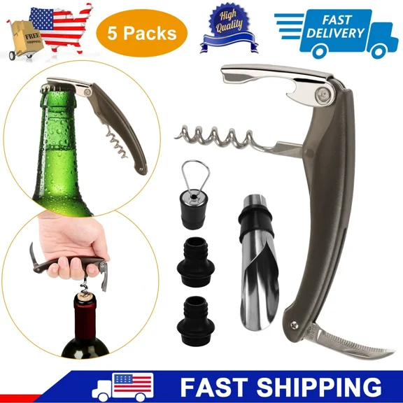 Wine Bottle Opener 5 Pcs Set Corkscrew W/ Stopper Foil Cutter In Box For Party