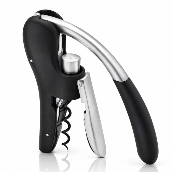 Wine Bottle Opener, Vertical Lever Corkscrew with Built-in Foil Cutter, Manual Handheld Ergonomic Pump, Nonstick Screw No-Twist Cork Removal, Black