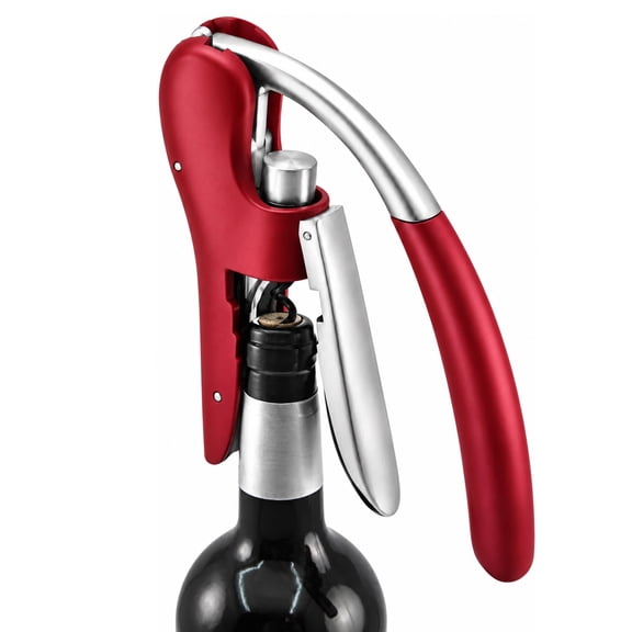 Wine Bottle Opener, Vertical Lever Corkscrew with Built-in Foil Cutter, Manual Handheld Ergonomic Pump, Nonstick Screw No-Twist Cork Removal, Red