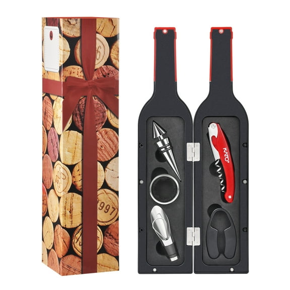 Kato 5-Piece Stainless Steel Wine Opener Set - Premium Corkscrew Accessories Kit with Drink Stickers, Perfect Wedding Gifts for Wine Lovers & Drinkers (Red & Black)