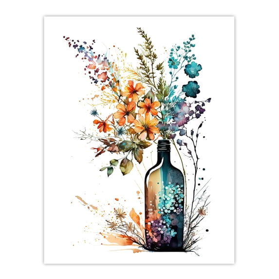 Wine Bottle Wildflowers Watercolour Painting Orange Blue Purple Spring Flower Blooms Large Wall Art Poster Print Thick Paper 18X24 Inch
