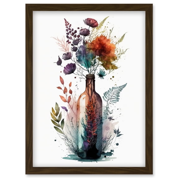 Wine Bottle with Spring Wildflower Floral Bouquet Artwork Framed Wall Art Print A4