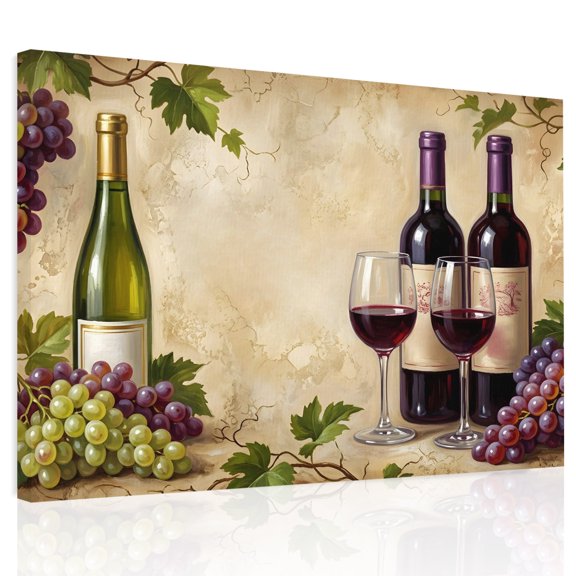 Wine Bottles Grapes Canvas Print Wall Art, Wine Glasses Fruit Rustic Wall Decor Modern Artwork Paintings Pictures for Living Room Framed and Stretched Ready to Hang 12" x 16"