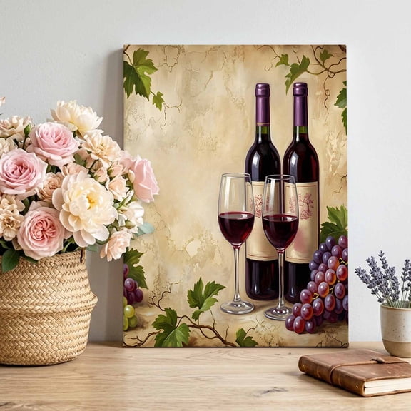 Wine Bottles Grapes Canvas Wall Art for Living Room, Wine Glasses Fruit Rustic Poster Print Painting for Bedroom Office Home Decoration Wall Pictures Prepare To Hang 16"x24"