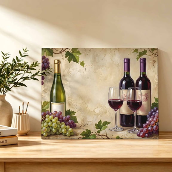 Wine Bottles Grapes Canvas Wall Art, Wine Glasses Fruit Rustic Wall Art Prints Artwork Framed Canvas Ready to Hang Art Pictures for Bathroom Bedroom Entry Desk Corner 10" x 8"