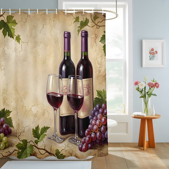 Wine Bottles Grapes Shower Curtain, Wine Glasses Fruit Rustic Waterproof Washable Shower Curtain for Bathroom Bathtub Partition Bath Decoration Set with Hooks 36x72in