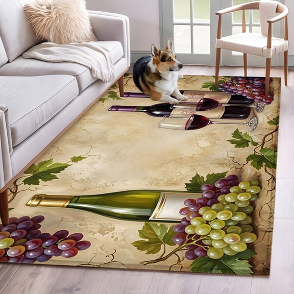 Wine Bottles Grapes Washable Area Rug 4x6 Wine Glasses Fruit Rustic Low-Profile Large Area Rugs with Non Slip Backing Indoor Floor Carpet for Entrance Living Room Bedroom Home Office
