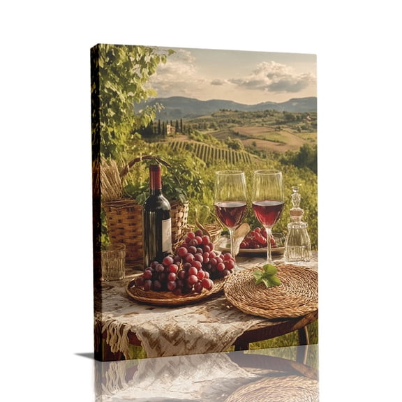 “Wine Bottles & Grapes with Italian Countryside Backdrop (Warm Tone)” Tuscan Canvas Wall Art Ready to Hang for Living Room and Bedroom
