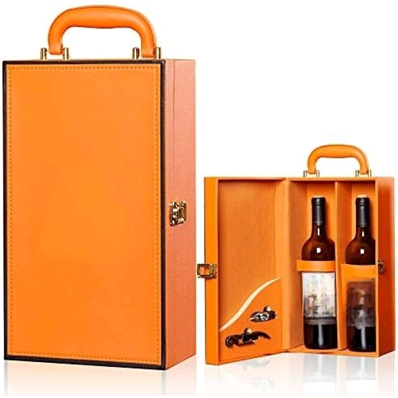 Wine Box with 2 Bottle Leatherette Top Handle Premium Wine Carrier Case Orange$$Home Decor, Kitchen, & Other