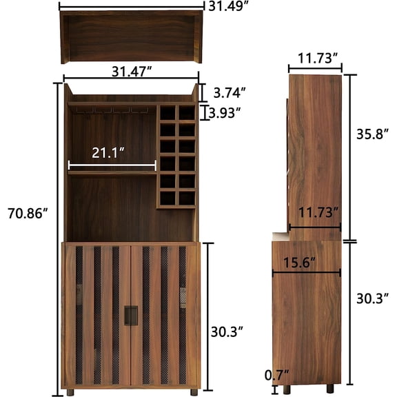 Wine Cabinet with 12 Bottle Racks, 70 Inch Tall Bar Cabinet with Storage and Glass Holder, Modern Wooden Liquor Cabinet for Home Dining Room Kitchen, Rustic Brown