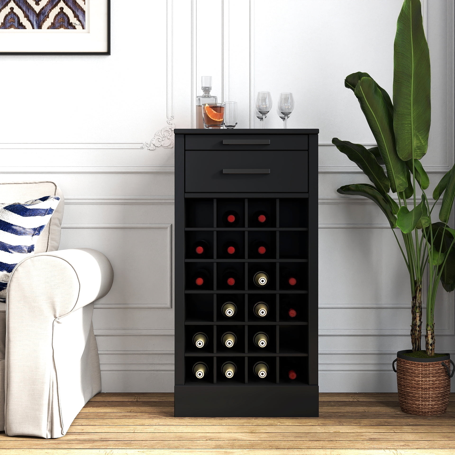 Wine Cabinet 28-Bottle Modular Storage Buffet for Home Bar Dining Room, Black