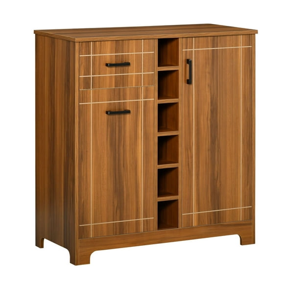 Wine Cabinet, Brown 6 Bottle Holder & Glass Storage - Vintage Buffet Sideboard for Kitchen Dining Room - MDF Wood Wine Rack with Drawers & Shelves