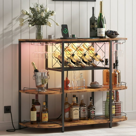 Wine Cabinet Coffee Table with Power Socket and LED Light, Three Tiers Coffee Bar Table Wine Rack Liqour Bar with Large Storage for Home Kitchen