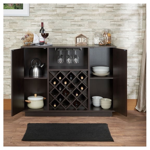 Wine Cabinet Espresso Finish - 18 Bottle Wine Rack - Server with Storage Shelves - Modern Bar Cabinet for Dining Room & Living Room