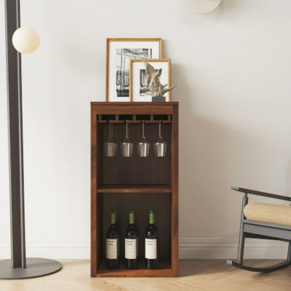 Wine Cabinet with Open Shelves and Attached Hutch, Modular Buffet for Living Room or Home Office, Brown Walnut Finish, Multi-Functional Display and Storage