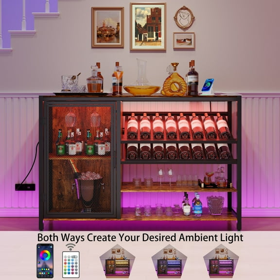 Wine Cabinet with Power Outlet Wood Liquor Cabinet with Light Strip Mesh Door Wooden Wine Cabinet Wine Bottle Bar Cabinet for Kitchen Home Dining Room Bar Wine Glasses Display Brown