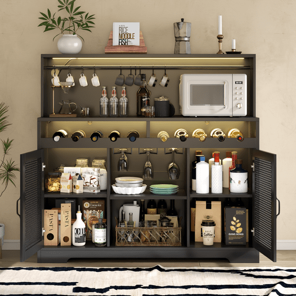 Wine Cabinet with LED Lights, Liquor Cabinet with Glass Holder & Wine Rack, Modern Coffee Bar Storage Buffet Cabinet with Mesh Doors, Black