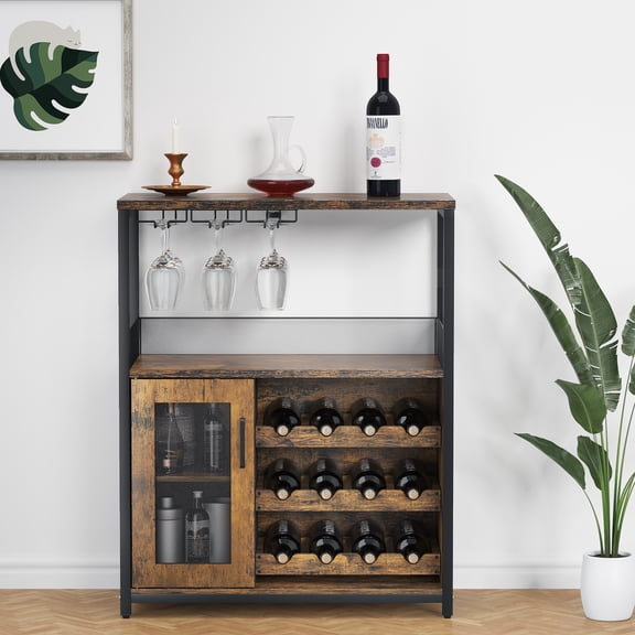 Wine Cabinet with Large Storage Space and Detachable Rack, Industrial Sideboard and Buffet Cabinet with Glass Holder and Mesh Door