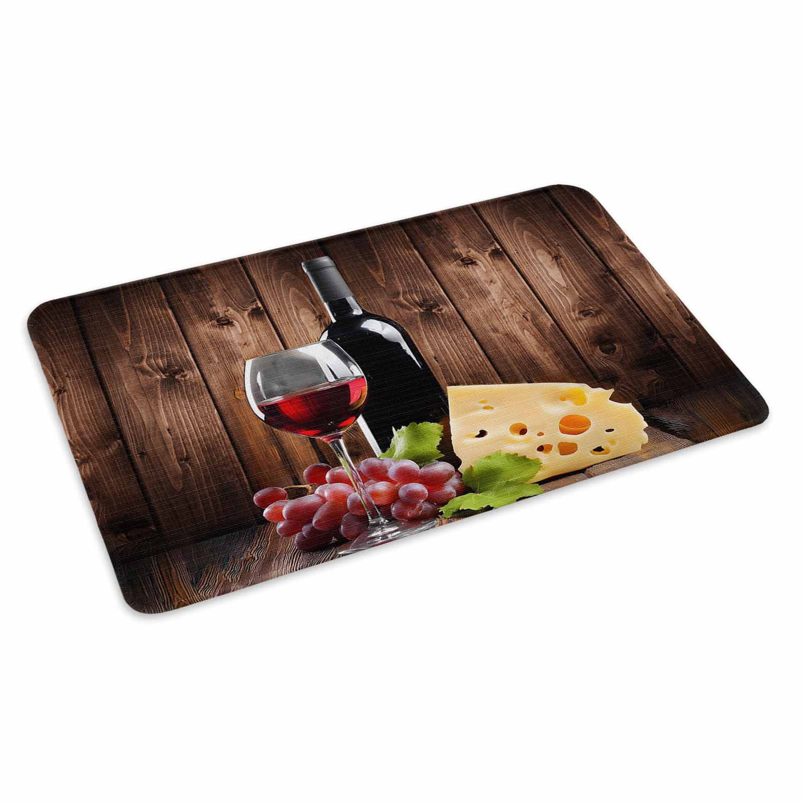 Wine Cheese Doormat Outdoor Entrance 18"x30", Grapes Farmhouse Brown Wooden Plank Absorb Moisture Dirt Door Mats, Non-Slip Rubber Backing Floor Mats Indoor, Low-Profile Front Door Rugs