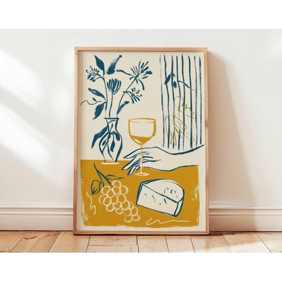 Wine Cheese Modern Abstract Yellow Blue Line Wall Art Print, Unframed Paper Poster 8x10in