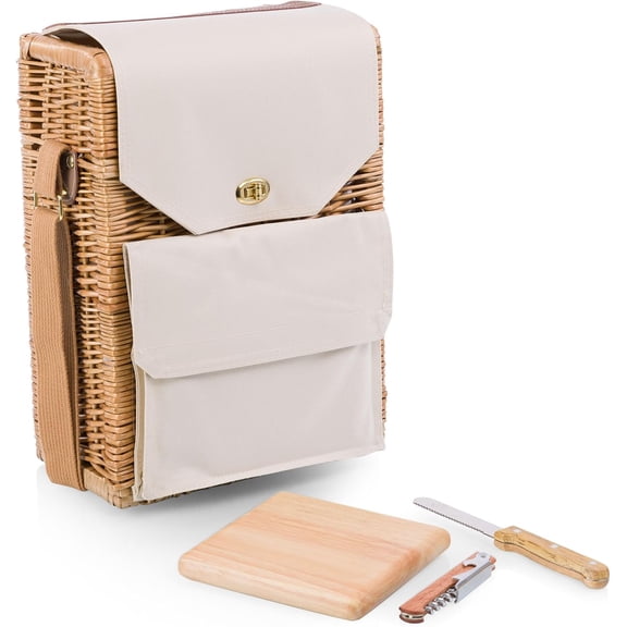 Wine and Cheese Picnic Basket Tote, Luxury 2 Bottle Insulated Picnic Set with Cutting Board, Cheese Knife & Corkscrew, Romantic Picnic Kit for Couples, Wedding & Anniversary Gift