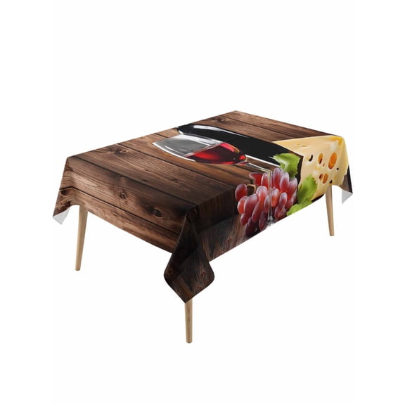 Wine Cheese Table Cloth, Waterproof Tablecloth for Rectangle Tables, Grapes Farmhouse Brown Wooden Plank Reusable Washable Fabric Table Cover for Restaurant Kitchen Dining Tables 60"x120"