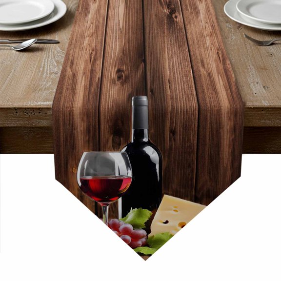 Wine Cheese Table Runner Linen Burlap Table Runner 48 Inches Long Grapes Farmhouse Brown Wooden Plank Dresser Scarves for Kitchen Island Coffee Dining Room Party Wedding Holiday Decoration 13"x48"