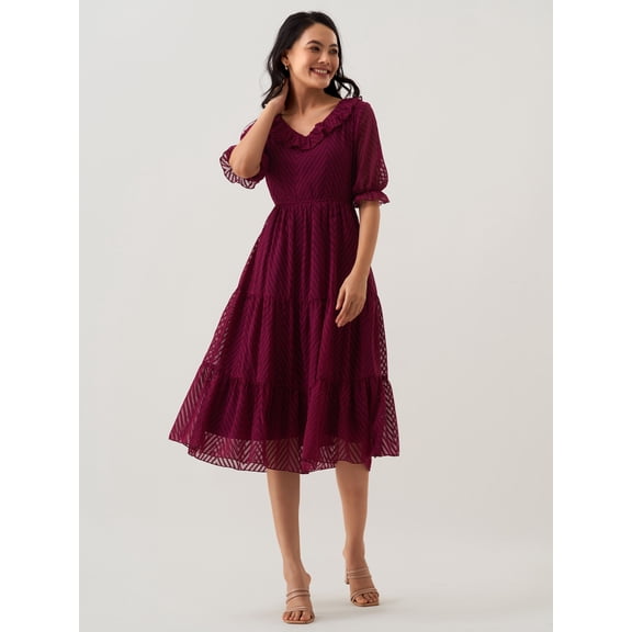 Wine Chiffon Brasso Swiss Dot V-Neck Dress