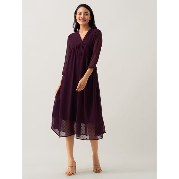 Wine Chiffon Brasso Swiss Dot V-Neck Dress