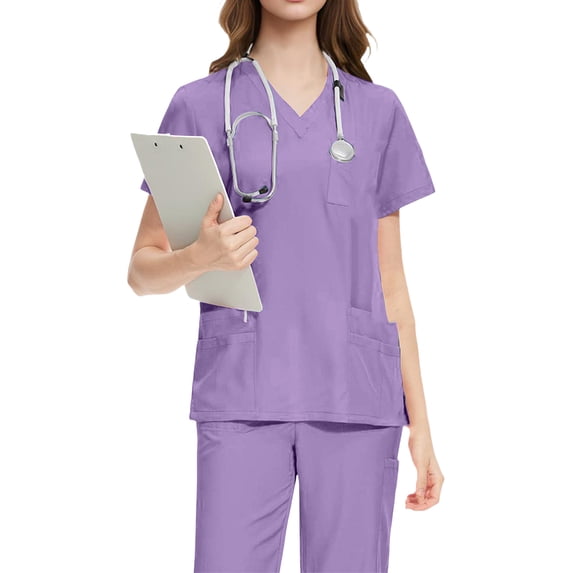 Wine Colored Scrubs,2 Pieces Scrub Sets for Women Medical Wide Leg Stretch Plus Size Yoga Jogger Nursing Scrubs Sets - Light Purple - S