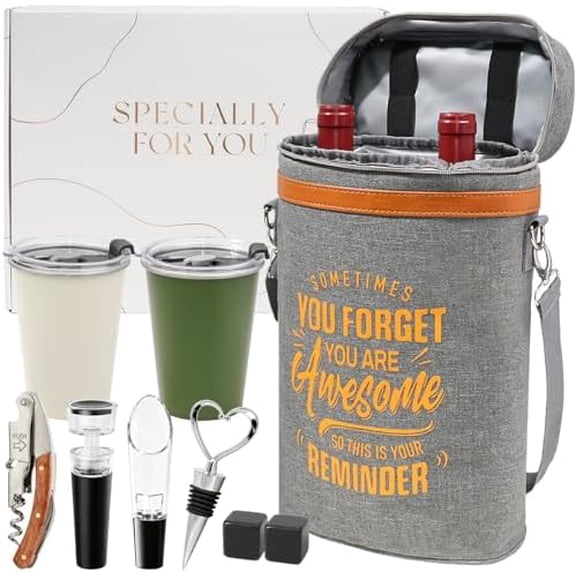 Wine Cooler Bag Gift Set with 2 Tumblers, Insulated Portable Wine Carrier Holds 2 Bottles, Perfect for Outdoor Use, Ideal Easter Birthday Anniversary Gift for Women & Men Wine Lovers