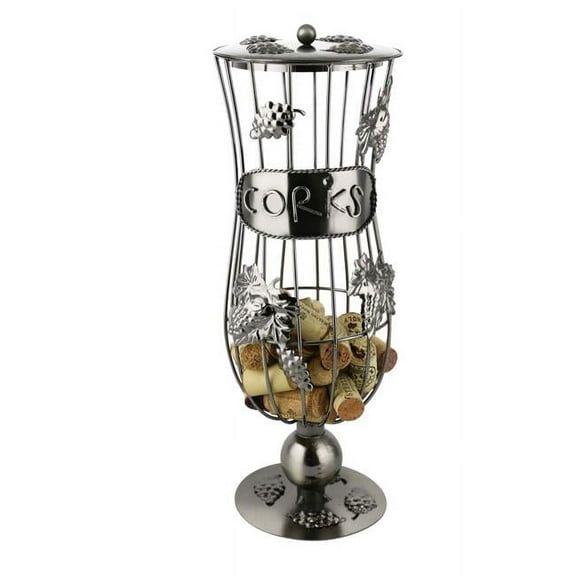 Wine Cork Holder Storage Goblet Shaped with Grapevines in Silver Metal