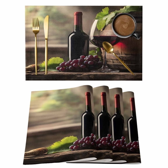 Wine Cotton Linen Placemats Set of 1, Grapes Barrel Washable Table Place Mats Heat Insulating Placemat for Dining Room Kitchen Daily Use 13 x 19 Inch