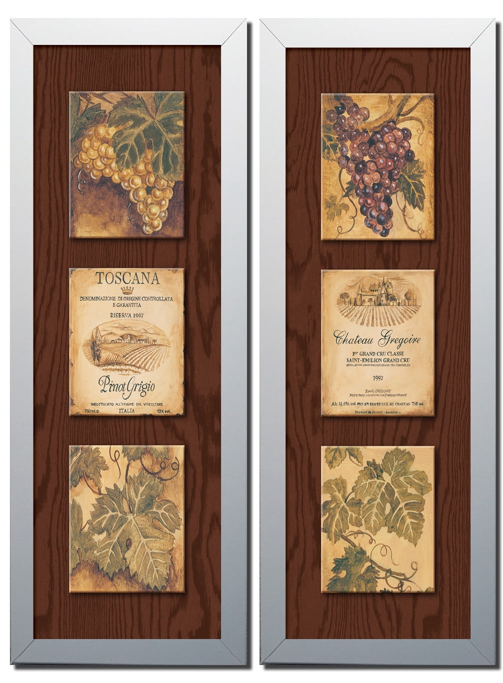 Wine Country Wine Label and Grape Panels; Kitchen Décor; Two 6x18 White ...