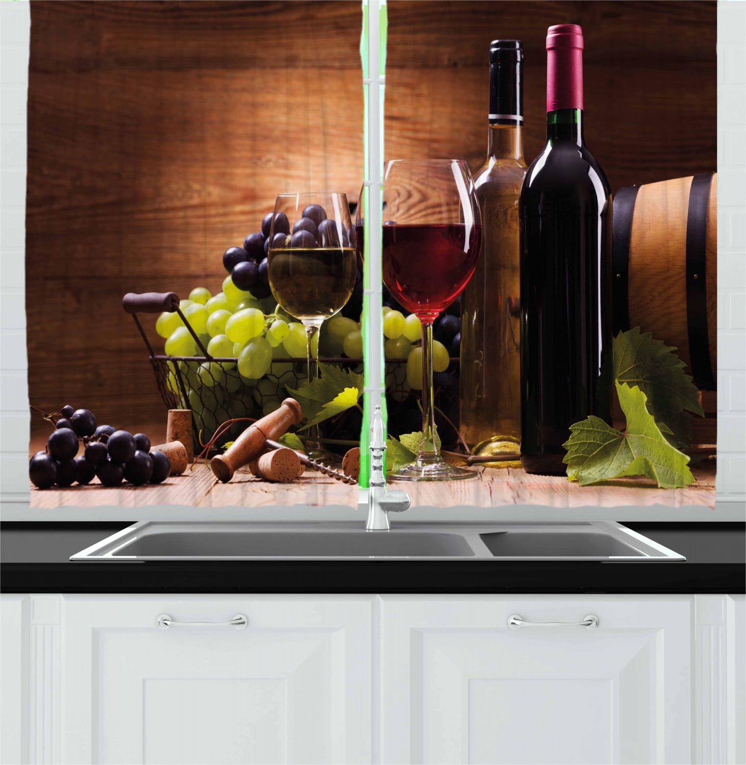 Wine Curtains 2 Panels Set, Glasses of Red and White Wine Served with Grapes French Gourmet Tasting, Window Drapes for Living Room Bedroom, 55W X 39L Inches, Brown Ruby Pale Green, by Ambesonne