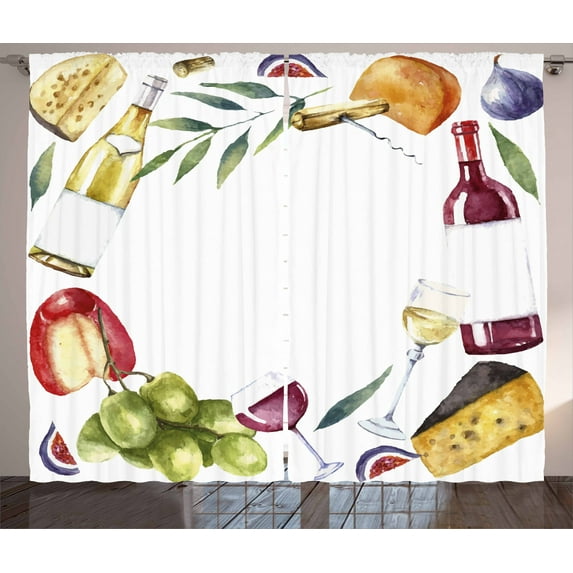 Ambesonne Wine Curtains 2 Panel Set, Watercolor Food Wine Frame, 108" x 108", Multicolor