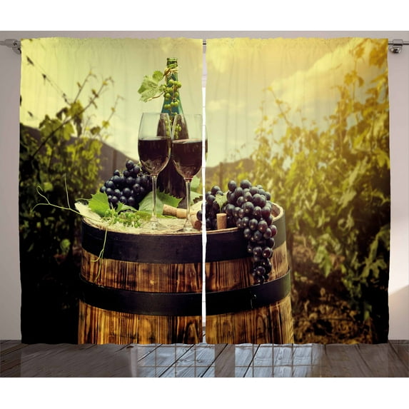 Wine Curtains 2 Panels Set, Scenic Tuscany Landscape with Barrel Couple of Glasses and Ripe Grapes Growth, Window Drapes for Living Room Bedroom, 108W X 84L Inches, Eggplant White, by Ambesonne