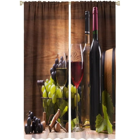 Wine Curtains, Red and White Wine Glass Opener Barrel Grape French Food Tasting, Bedroom Living Room Kitchen Blackout Decorative Curtains, One Panel, 52 X 84 in. Brown Ruby