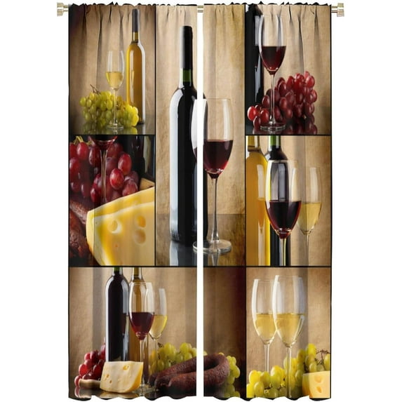 Wine Curtains Rustic Farmhouse Red Wine Glass Collage Vintage Brown Bedroom Kitchen Cafe Blackout Rod Pocket Decoration Window Drapes 2 Panels W21xL63in