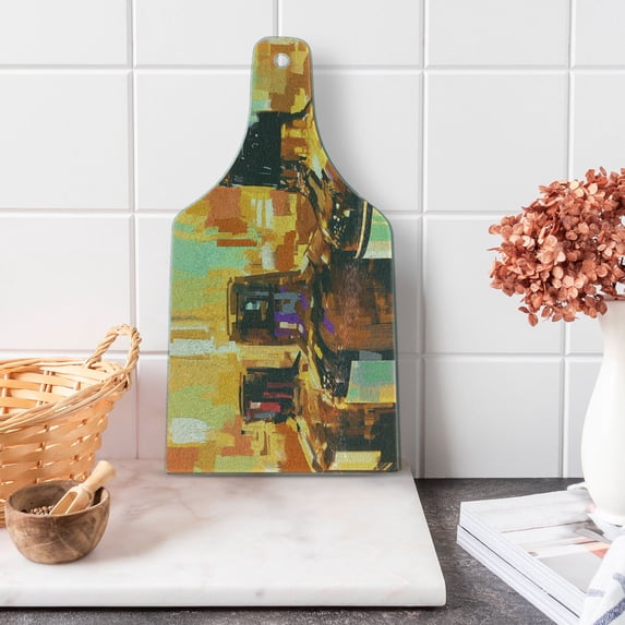 Wine Cutting Board, Colorful Painting Style Bottles of Wine with Vivid Bruststrokes Beverage Art Print, Tempered Glass Cutting and Serving Board, Wine Bottle Shape, Multicolor, by Ambesonne