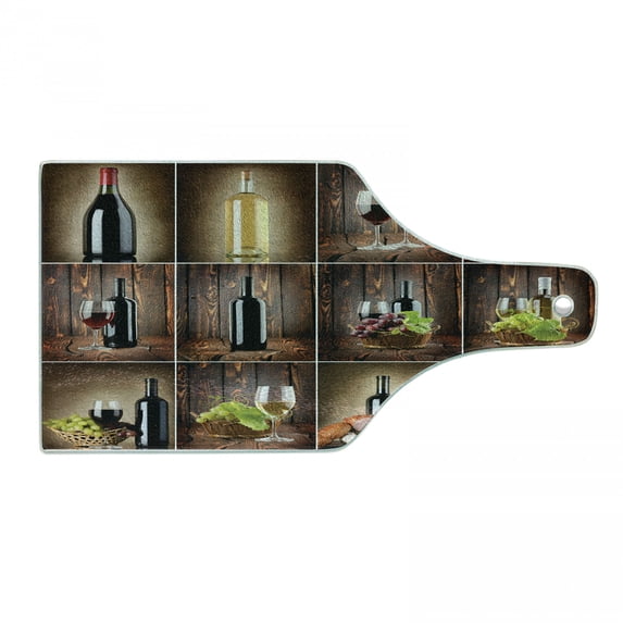 Wine Cutting Board, Drink Themed Collage on Wooden Backdrop Grapes and Meat Rustic Country Theme, Decorative Tempered Glass Cutting and Serving Board, Wine Bottle Shape, Brown Black Red, by Ambesonne
