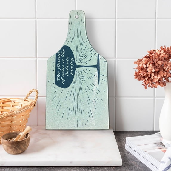 Wine Cutting Board, Wine Glass and Vintage Sun Burst Frame the Flavor is Like Delicate Poetry Words, Tempered Glass Cutting and Serving Board, Wine Bottle Shape, Night Blue White, by Ambesonne