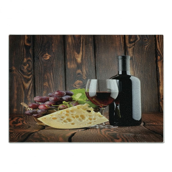Wine Cutting Board, Red Wine Cabernet Bottle and Glass Cheese and Grapes on Wood Planks Print, Decorative Tempered Glass Cutting and Serving Board, Small Size, Brown Burgundy Cream, by Ambesonne