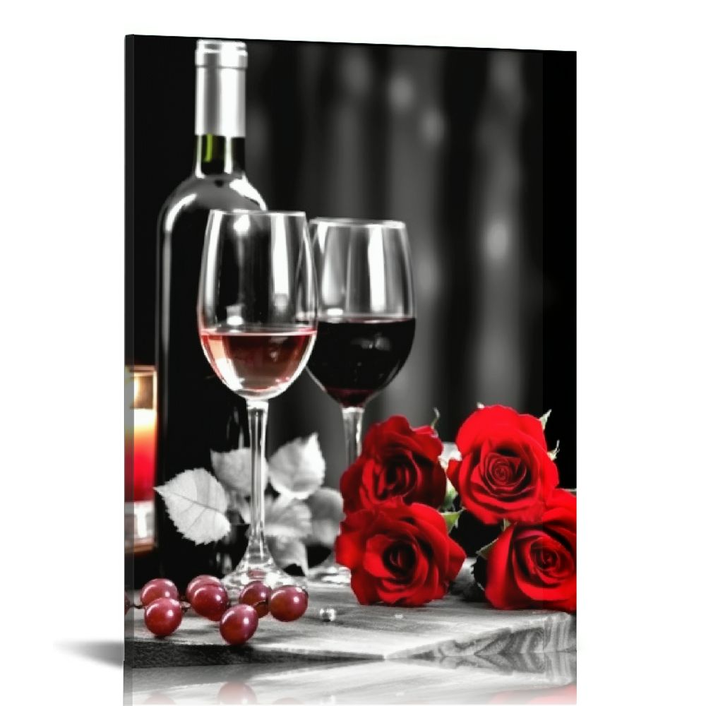 Wine Decor Kitchen Canvas Art Red Wine Rose Artwork for Home Walls