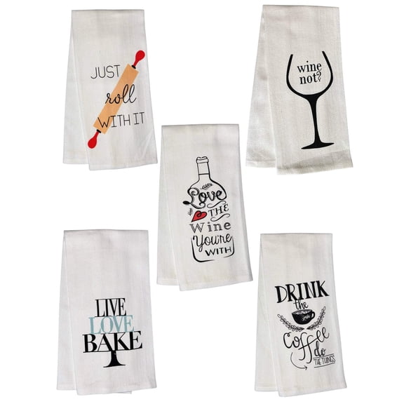 Wine Design 5 Pcs Cotton Herringbone Pattern Flour Sack Kitchen Towels Size: 16 X 28 Inch.