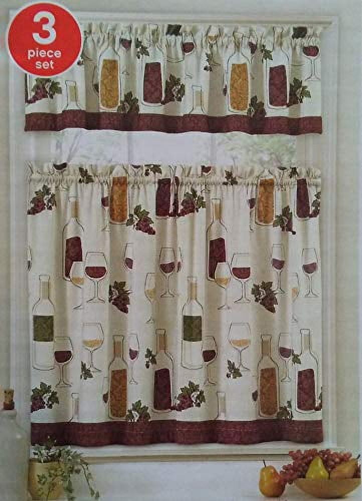 Wine Design Curtains 3pc Tiers & Valance Kitchen Tuscan Decor Grapes